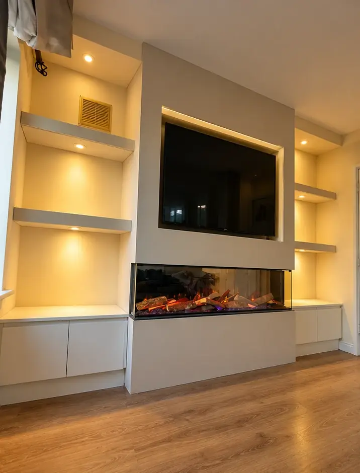 The same wall with a built-in media unit, electric fire, television and lit shelves
