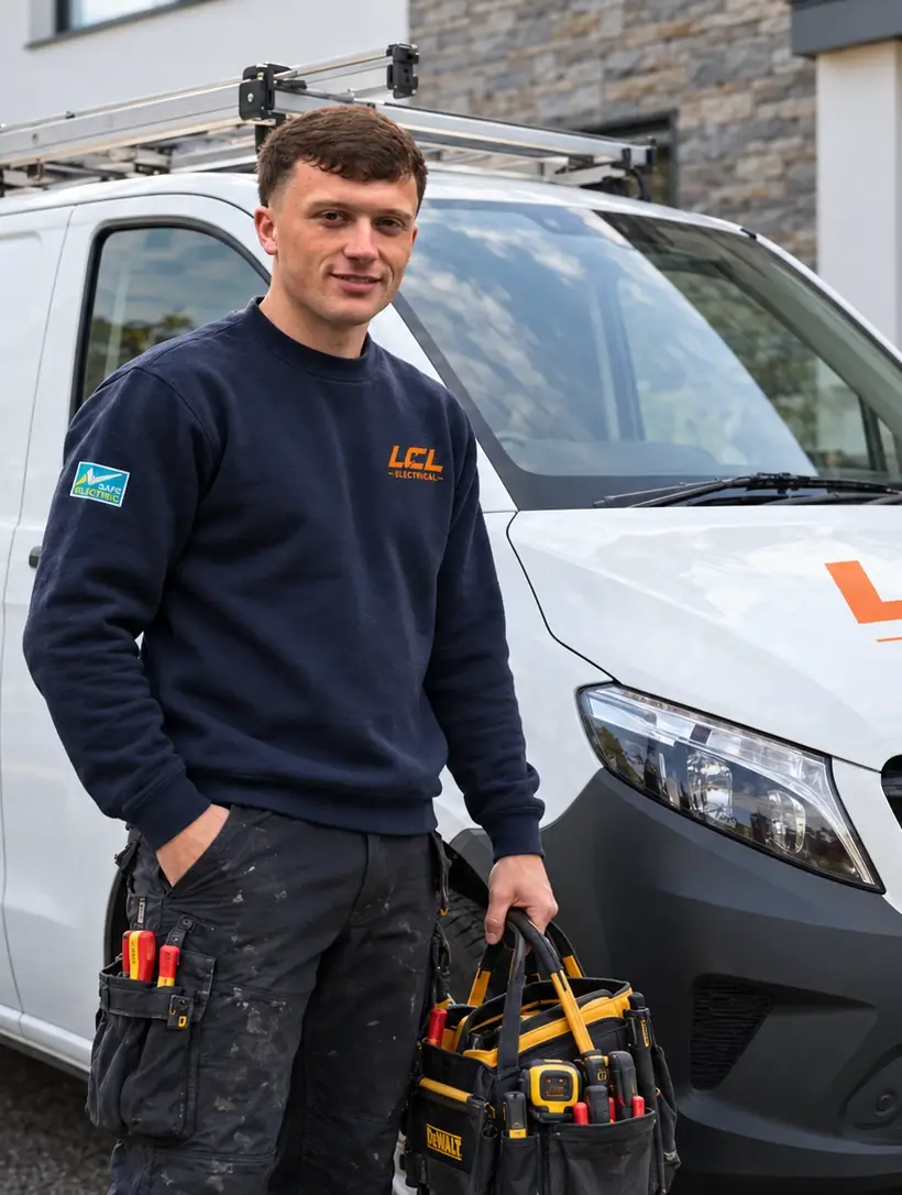 Luke, the electrician behind LCL Electrical, beside the company van