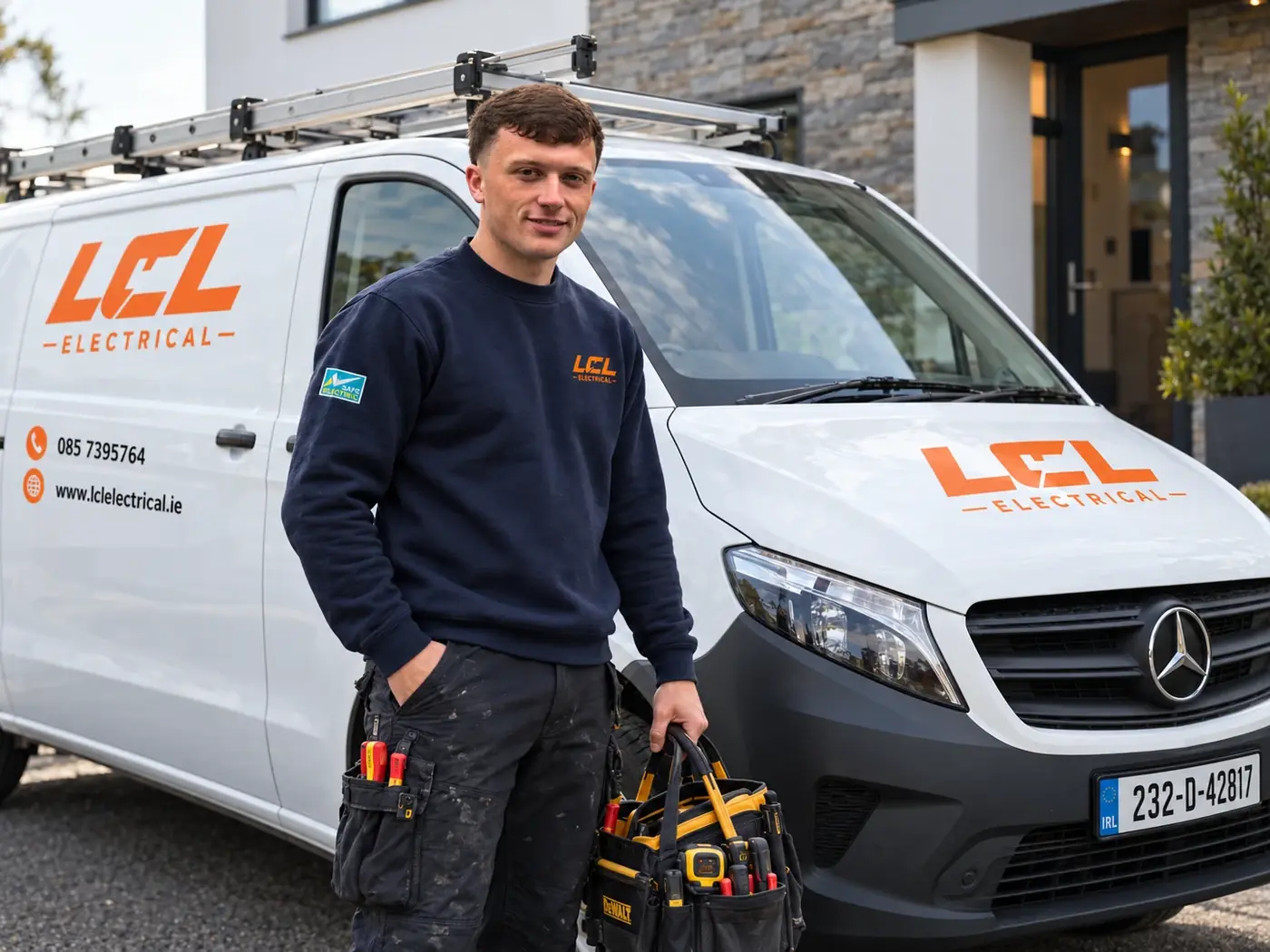 Luke from LCL Electrical standing beside the LCL Electrical van outside a house in Dublin